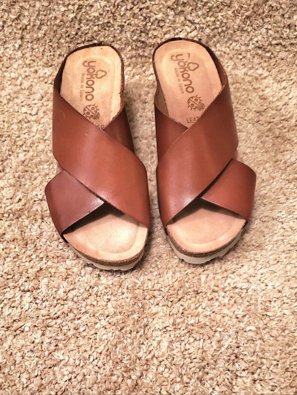 Yokono Women's Leather Criss-cross Tan Wedge Sandals. Size 7.5 Made In Spain